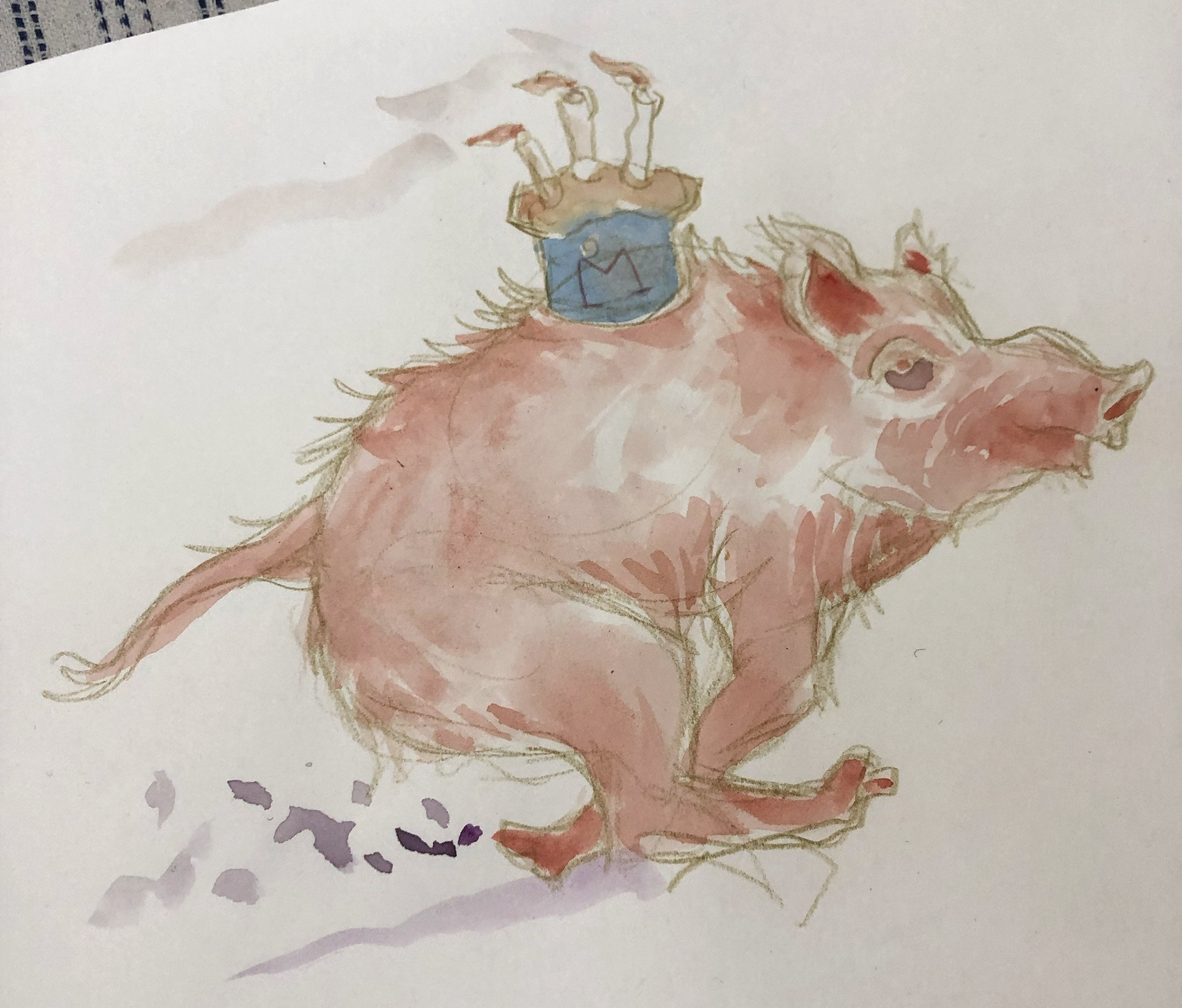 Aquarellzeichnung eines rennenden Wildschweins mit Kuchen auf dem Rücken