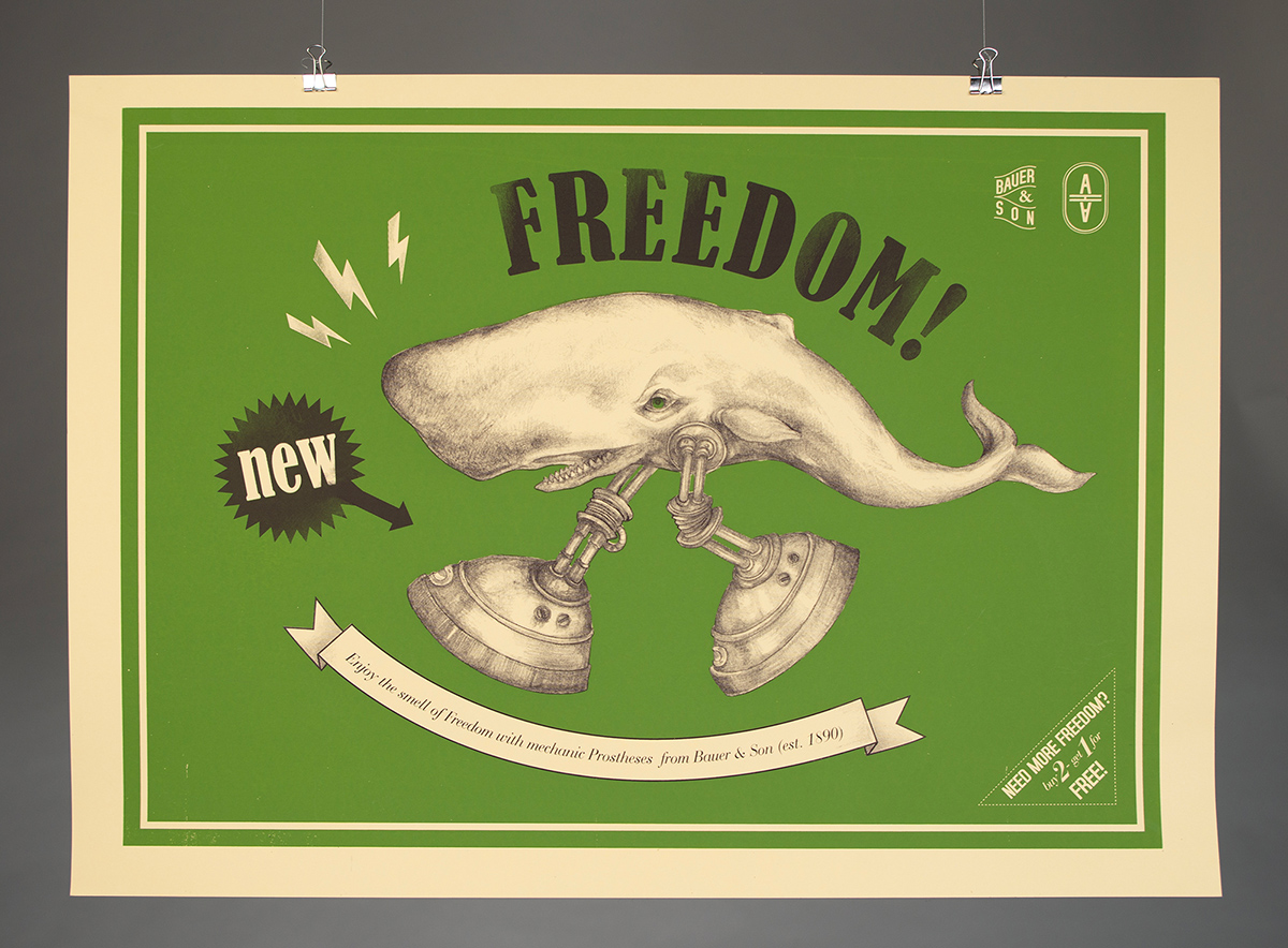 Siebdruck Wal Freedom! Pottwal mit Mechanischen Beinen. Siebdruck.